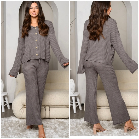 VERY J Charcoal Gray Chic 2-Piece Ribbed Top And Pants Set - Picture 2 of 4